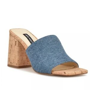 Nine West Denim and Cork Block Heel Mules